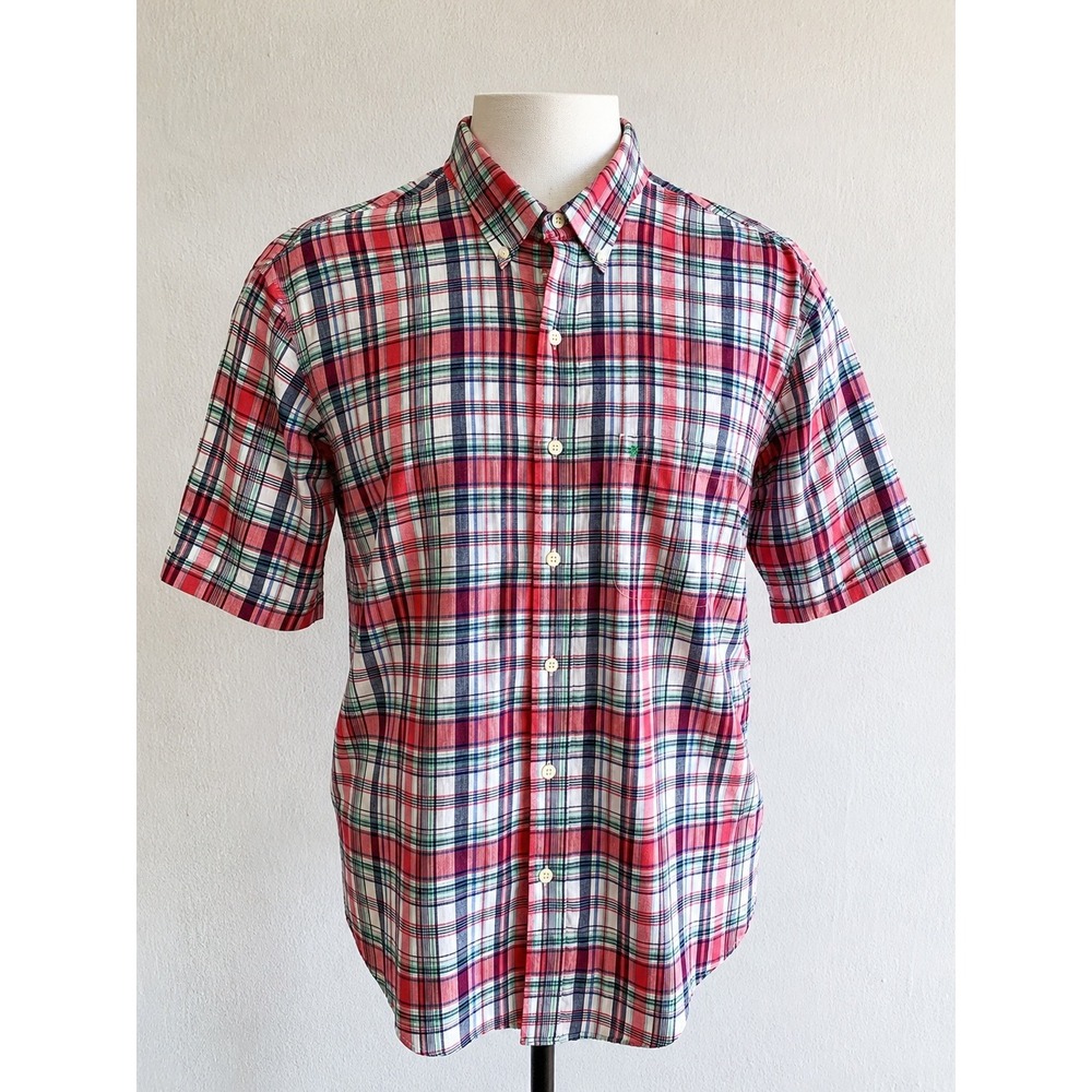 Izod Saltwater Mens 2XLT Red Madras Plaid Short Sleeve Shirt Dockside Chambray